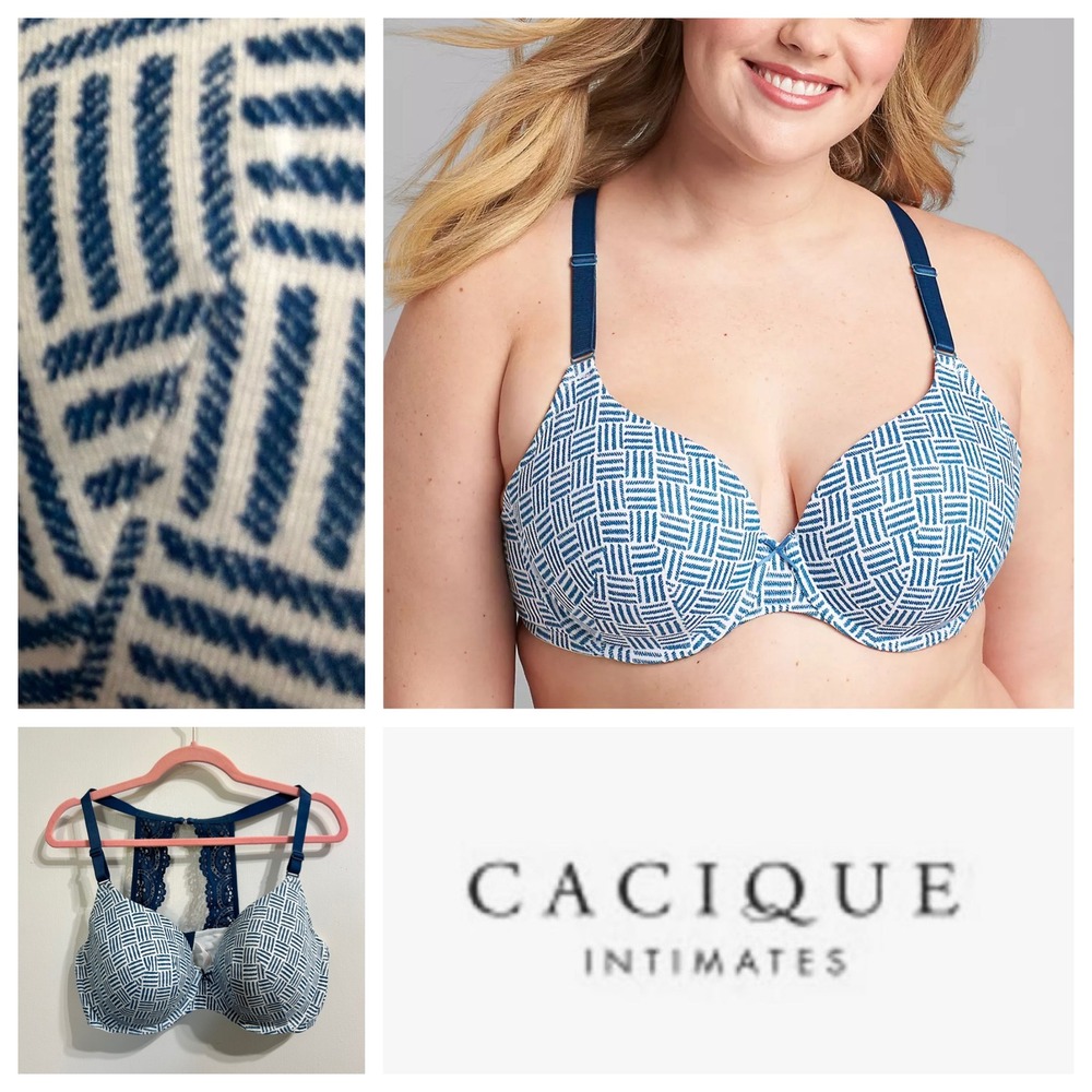 Cacique Lane Bryant Blue White Geometric Lace Racerback T-Shirt Bra 40DD